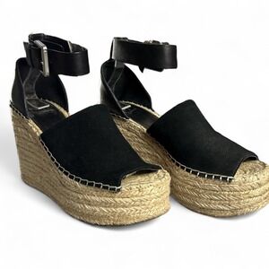 Womens Mark Fisher Black Suede Espadrille‎ Wedge Sandals Ankle Strap Size 6.5